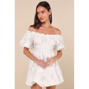Lulu's Crush Ivory Jacquard Off-the-Shoulder Mini Dress Bubble Hem Womens Small